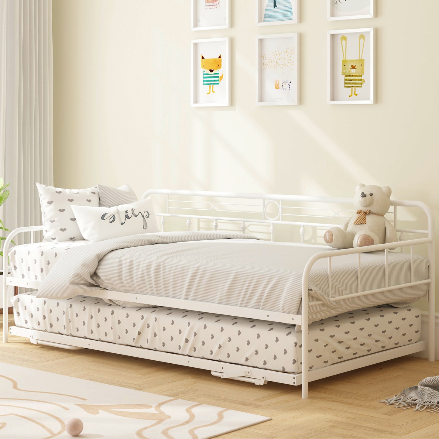 SYNGAR Metal Twin Size Daybed with Roll-Out Trundle, Multifunctional Platform Portable Folding Trundle Bed Frame, Mattress Foundation/Children Bed Sofa for Guest Living Room, White