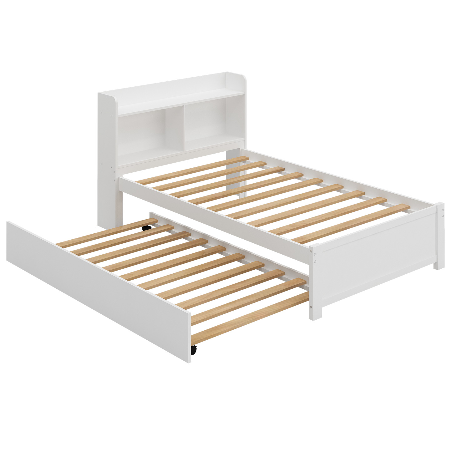 SYNGAR Twin Bed Frame with Trundle and Storage Bookcase, Modern Kids Platform Bed Frame with Pull Out Trundle, Solid Wood Trundle Bed with Headboard and Footboard, No Box Spring Needed, White