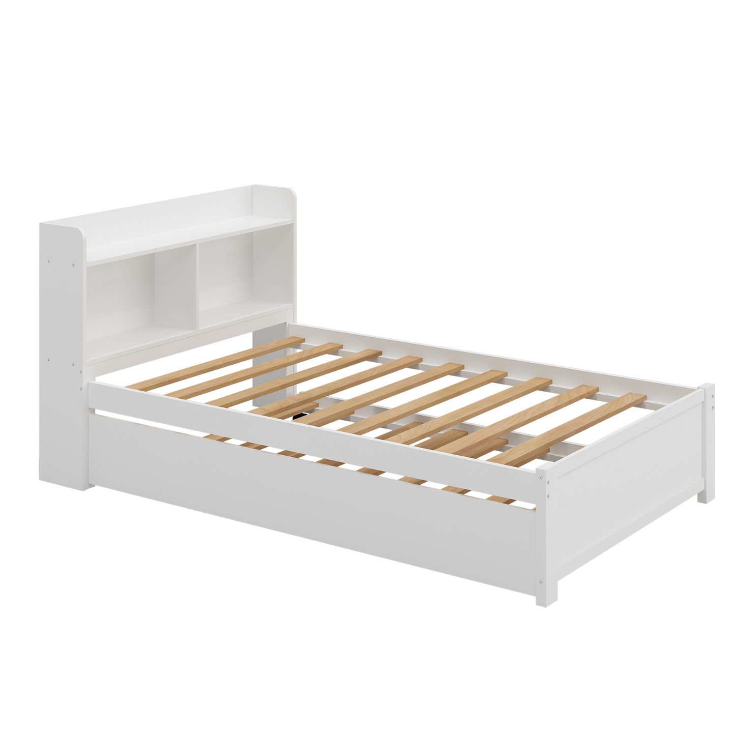 SYNGAR Twin Bed Frame with Trundle and Storage Bookcase, Modern Kids Platform Bed Frame with Pull Out Trundle, Solid Wood Trundle Bed with Headboard and Footboard, No Box Spring Needed, White