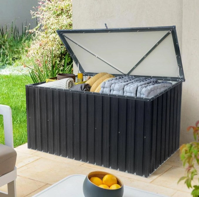 SYNGAR 161 Gallon Metal Deck Box, Patio Small Size Storage Cabinet, Outdoor Waterproof Storage Chest, Storage Container with Lid, for Outside Furniture Cushions, Garden Tools, Kids' Toys, Black