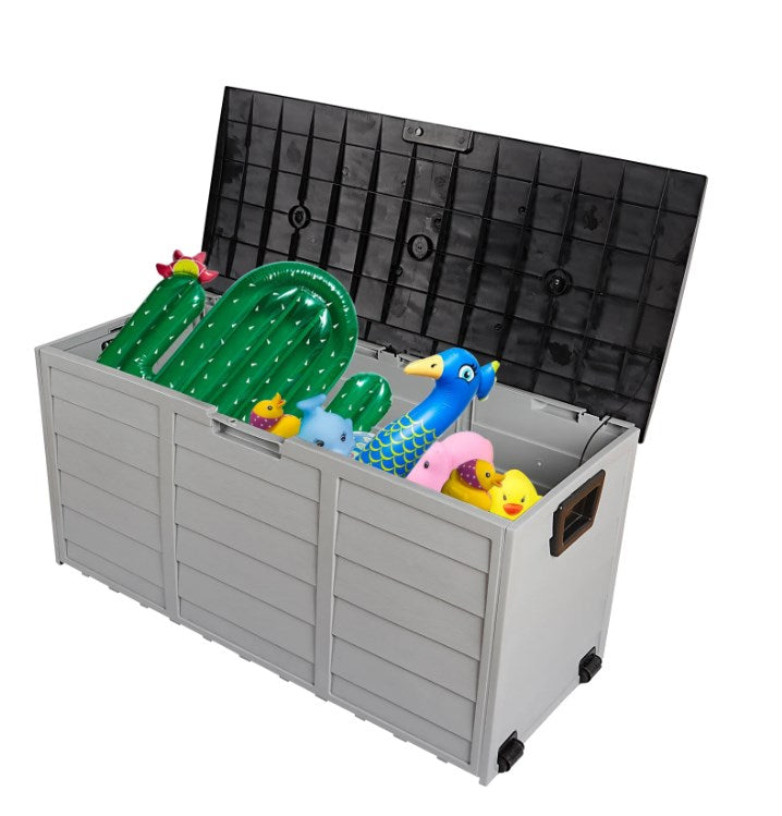 75 Gallon Resin Deck Box, Patio Storage Chest on Wheels, Outdoor Waterproof Storage Cabinet, Backyard Storage Container for Patio Furniture Cushions, Kids' Toys, Garden Tools, Black, D7229