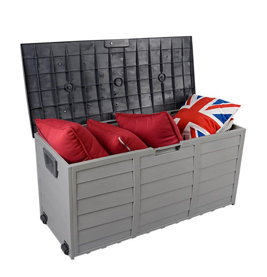 75 Gallon Resin Deck Box, Patio Storage Chest on Wheels, Outdoor Waterproof Storage Cabinet, Backyard Storage Container for Patio Furniture Cushions, Kids' Toys, Garden Tools, Gray, D7235