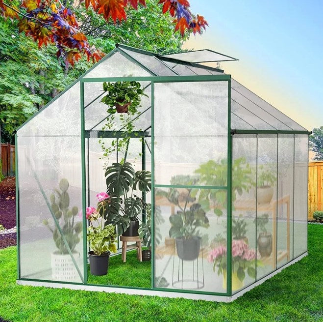 8' x 6' Outdoor Greenhouse with Sliding Door, Walk-in Polycarbonate Garden Greenhouse with Adjustable Roof Vent and Rain Gutter for Plants in Winter, Greenhouse with Stable Metal Frame, D6352