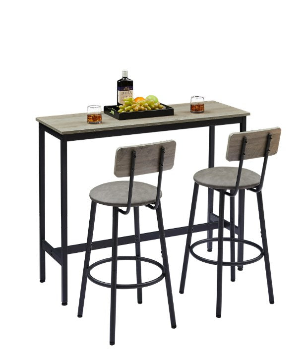 3 Piece Bar Table Set, Modern Counter Height Dining Set, Home Dining Table and Chairs Set for 2, Kitchen Breakfast Table Set with 2 Cushioned Stools, Bistro Pub Table Set, Gray