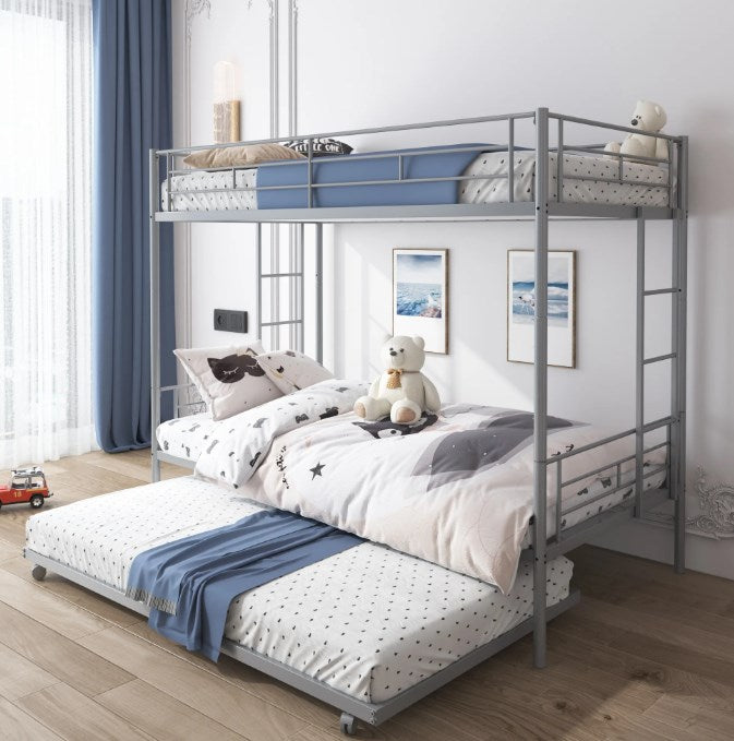 Heavy Duty Kids Twin Over Twin Metal Bunk Bed with Flat Ladder & Safety Guardrail, Convertible Trundle Bed Frame for Dorm, Bedroom, Guest Room, No Box Spring Needed, Silver, D6554