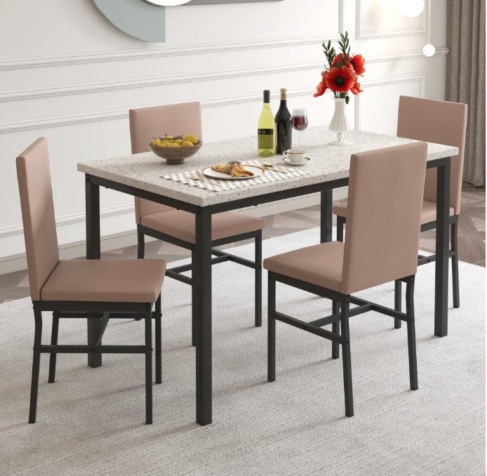 5 Piece Dining Set, Modern Dining Table and Chairs Set for 4, Kitchen Dining Table Set with Faux Marble Tabletop and 4 PU Leather Upholstered Chairs, for Small Space, Breakfast Nook, Khaki, D9223