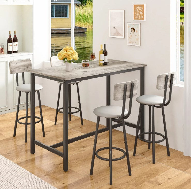 5 Piece Bar Table Set, Modern Counter Height Dining Set, Home Dining Table and Chairs Set for 4, Kitchen Breakfast Table Set with 4 Cushioned Stools, Bistro Pub Table Set, Gray
