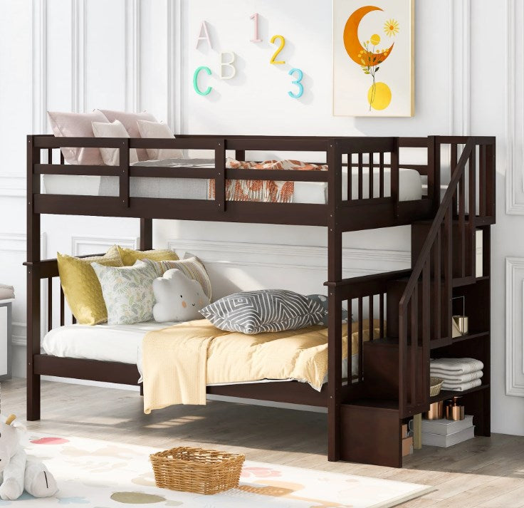 Twin Over Twin Wood Convertible Bunk Bed Frame with Ladder, Safety Guardrail & Storage Shelves, Stairway Bunk Beds for Kids Teens Adults, No Box Spring Needed, Espresso, D 3135
