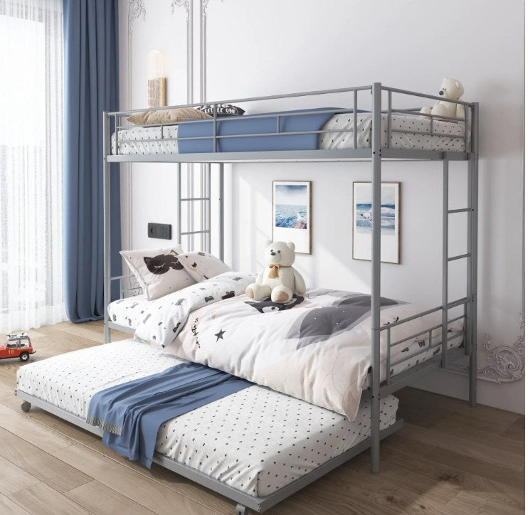 Bunk Bed Twin over Twin with Ladder & Guardrail, Syngar Twin over Twin Bunk Bed with Trundle, Heavy Duty Kids Bedroom Furniture for Boys and Girls, Space Saver Guest Room Bunk, Silver