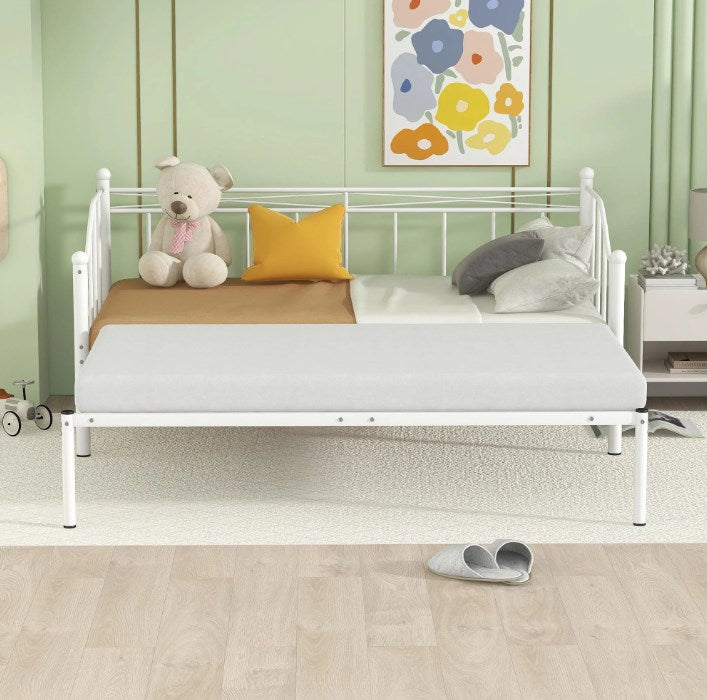 SYNGAR Twin Daybed with Pop Up Trundle, Metal Twin Size Daybed Frame, Space Saving Sofa Bed with Trundle Bed, Modern Home Platform Bed No Box Spring Needed, White, D6614, Adult