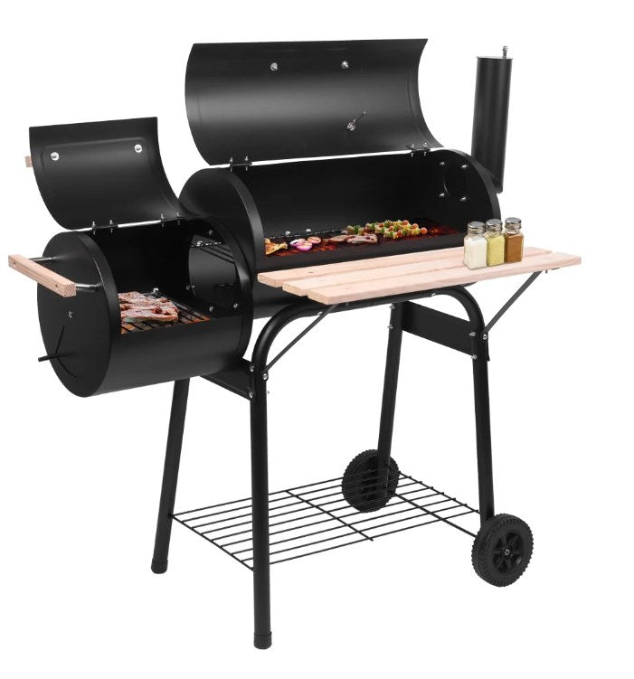 Outdoor Charcoal BBQ Grill, SYNGAR Stainless Steel Charcoal Grill and Offset Smoker Combo with Cover & Thermometer, High Heat-Resistant, Portable Yard BBQ Grill for Party Camping Picnic, Black, D6460