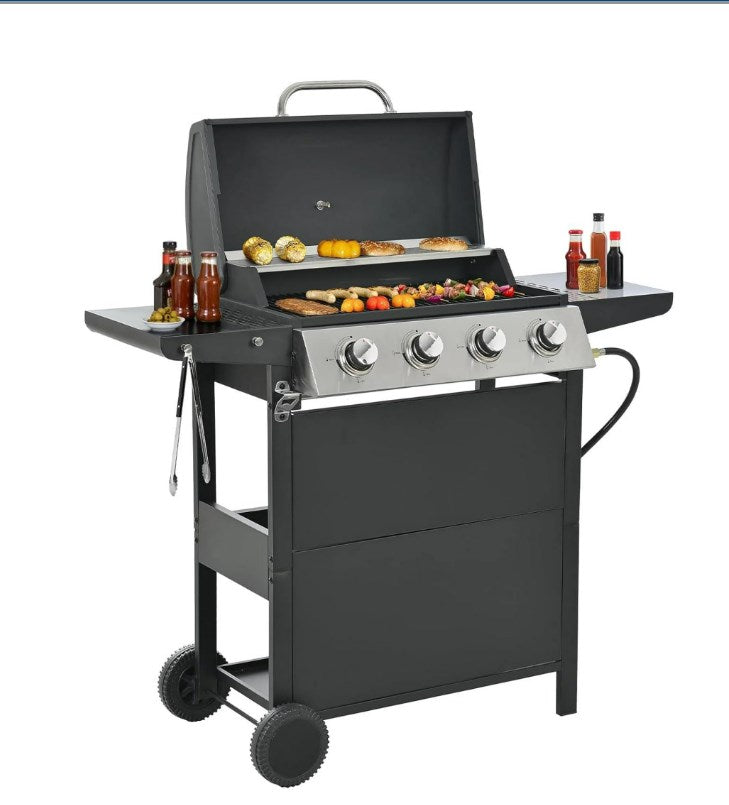 Syngar 4-Burner Propane Gas Grill, Stainless Steel BBQ Grill with Thermometer for Outdoor Party, Camping