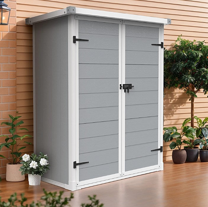 SYNGAR 56 Cu.ft Outdoor Storage Cabinet, Resin Storage Shed with 2-Tier Shelves, Garden Tool Shed with Double Lockable Doors, Organizer Cabinet for Patio Yard, Gray, D6988
