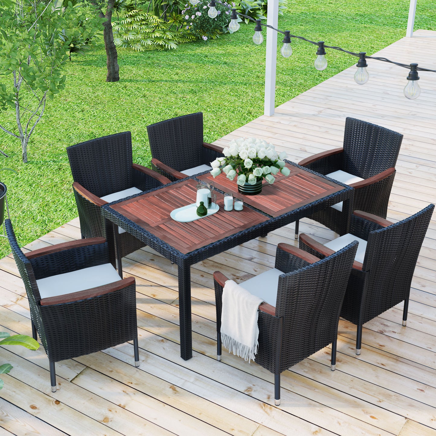 SYNGAR 7 Piece Outdoor Dining Set, All Weather PE Wicker Dining Table Set, Patio Rattan Furniture Set with Rectangular Acacia Wood Table and 6 Cushioned Chairs, for Backyard, Poolside, Balcony, D7335