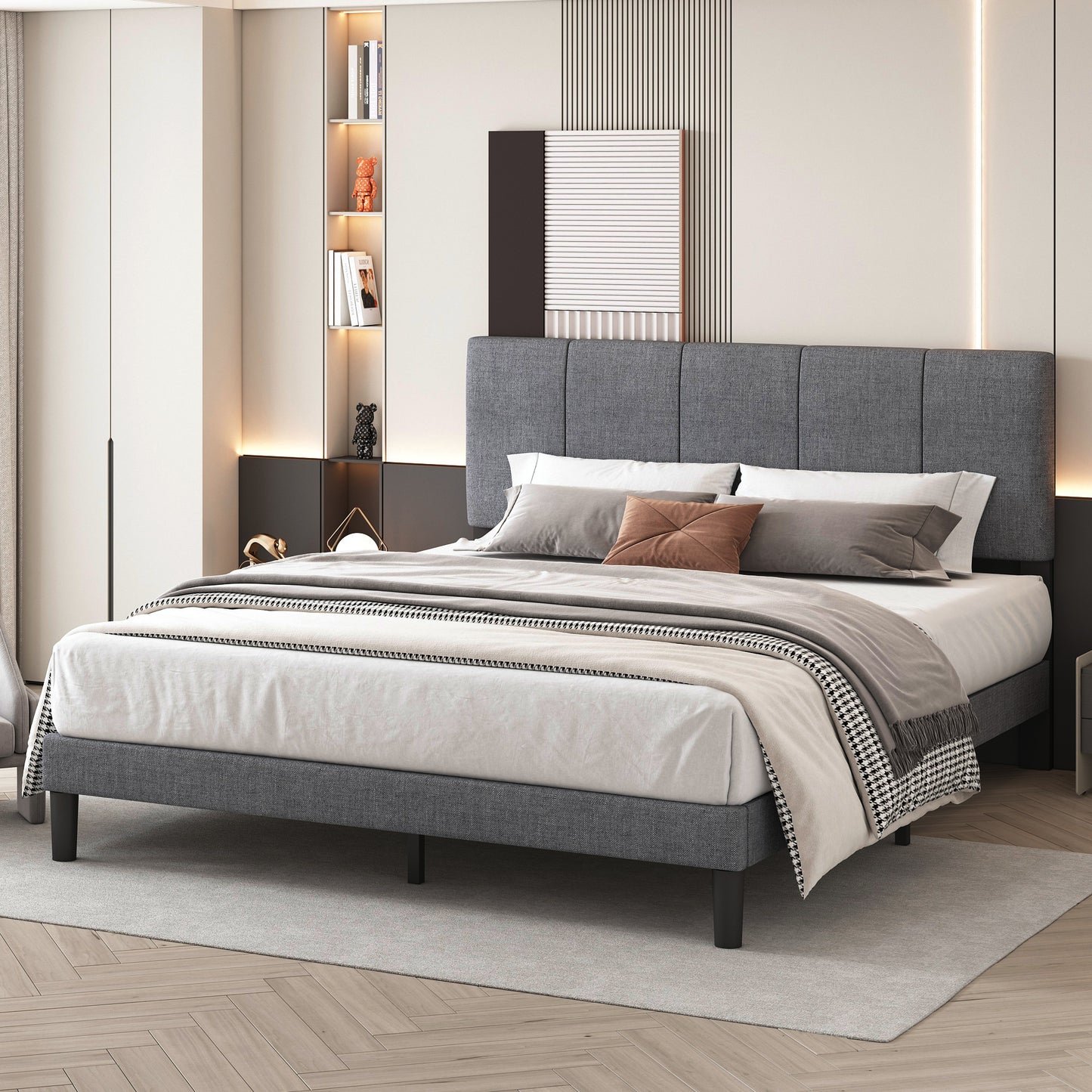 SYNGAR Gray Fabric Upholstered Platform Bed Frame Full Size with Height Adjustable Headboard, Metal Frame Bedroom Furniture with Strong Wooden Slat Support, No Box Spring Needed, Easy Assembly