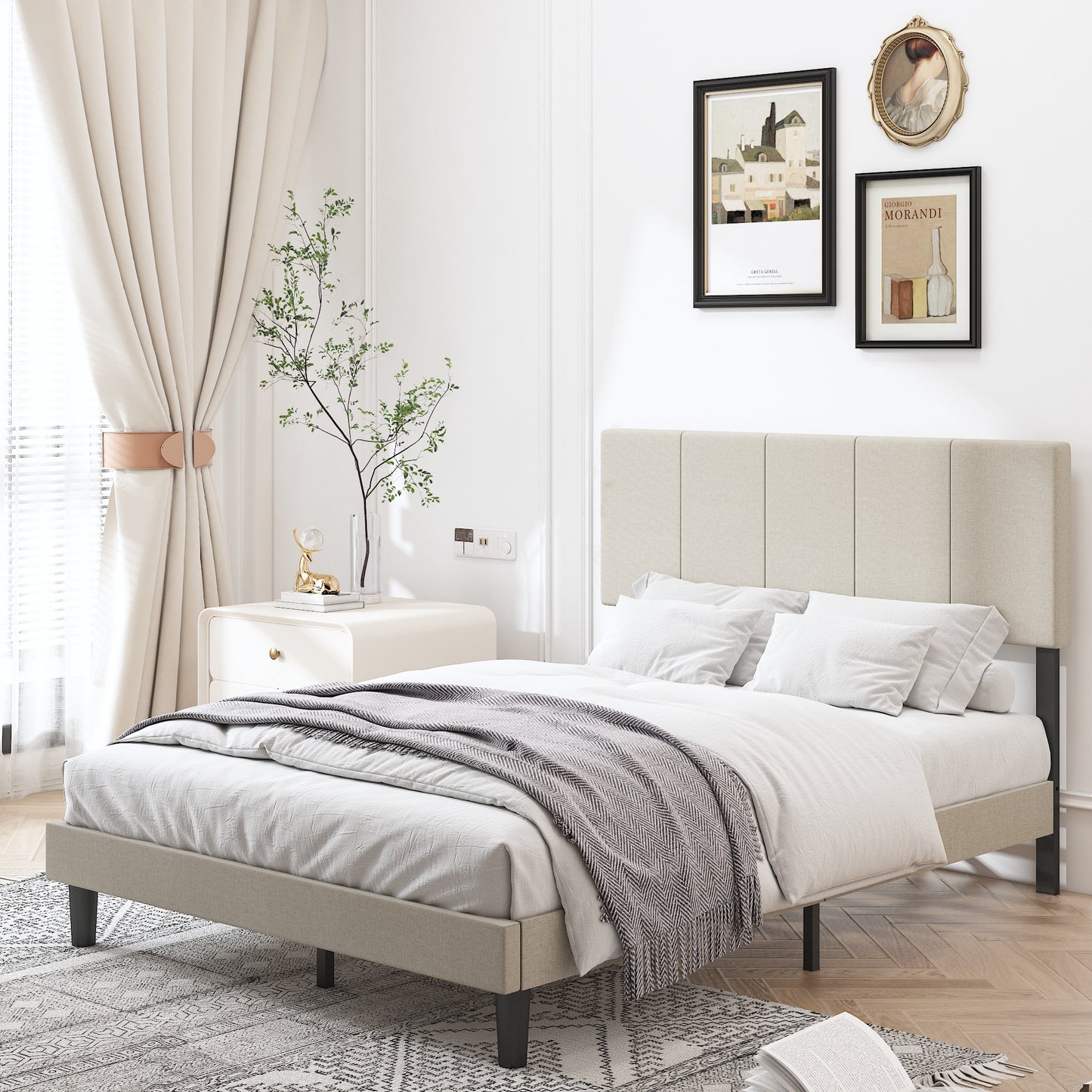 SYNGAR Full Size Platform Bed Frame with Fabric Upholstered Headboard, Sturdy Metal Frame and Strong Wooden Slats, No Box Spring Needed, Beige