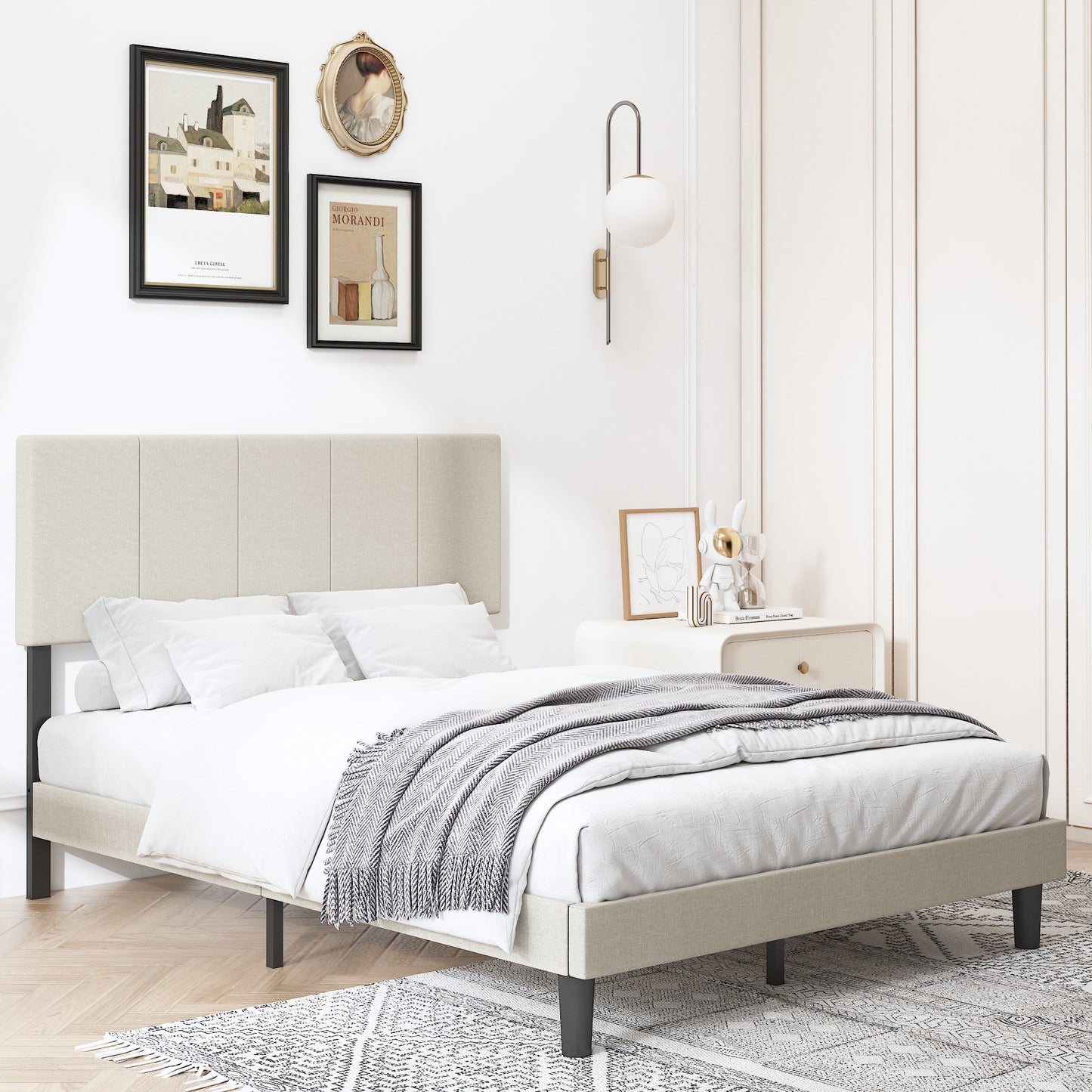 SYNGAR Full Size Platform Bed Frame with Fabric Upholstered Headboard, Sturdy Metal Frame and Strong Wooden Slats, No Box Spring Needed, Beige