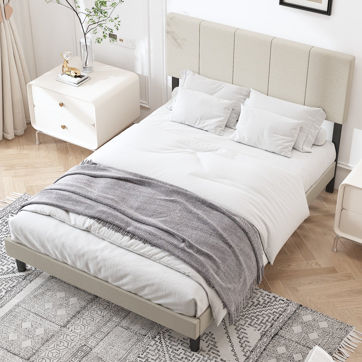 SYNGAR Full Size Platform Bed Frame with Fabric Upholstered Headboard, Sturdy Metal Frame and Strong Wooden Slats, No Box Spring Needed, Beige