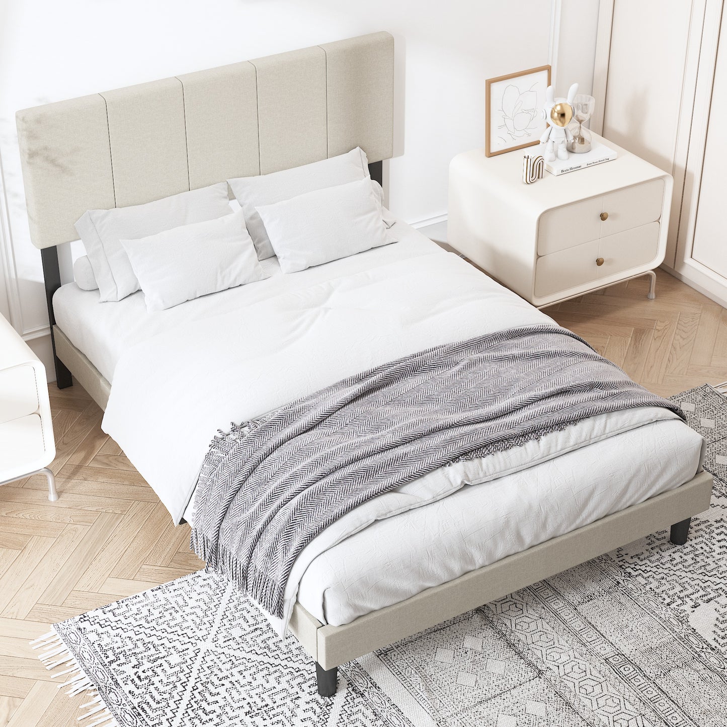 SYNGAR Full Size Platform Bed Frame with Fabric Upholstered Headboard, Sturdy Metal Frame and Strong Wooden Slats, No Box Spring Needed, Beige