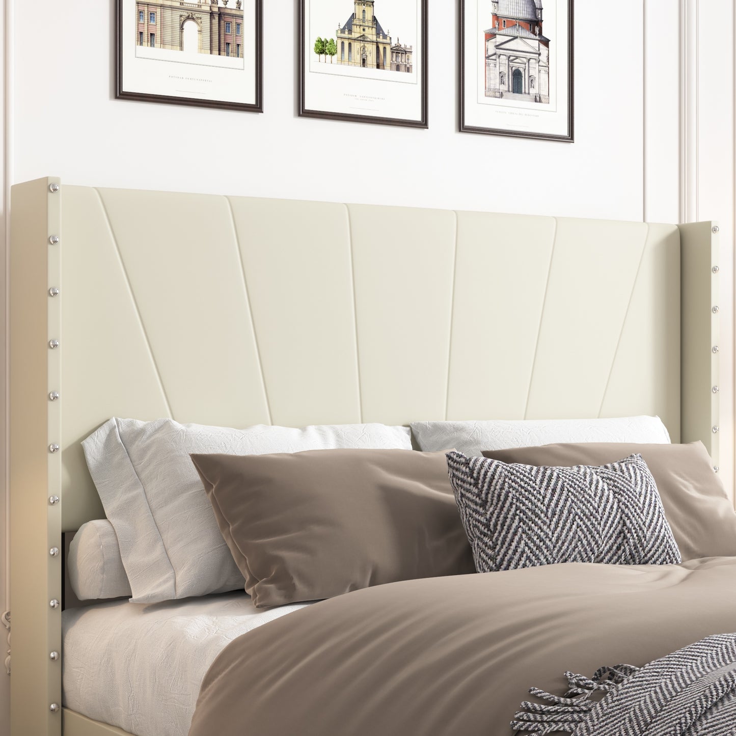 SYNGAR Beige Fabric Upholstered Platform Bed Frame Full Size with Elegant Headboard, Wood Frame Bedroom Furniture with Strong Slat Support, No Box Spring Needed, Noise Free, Easy Assembly