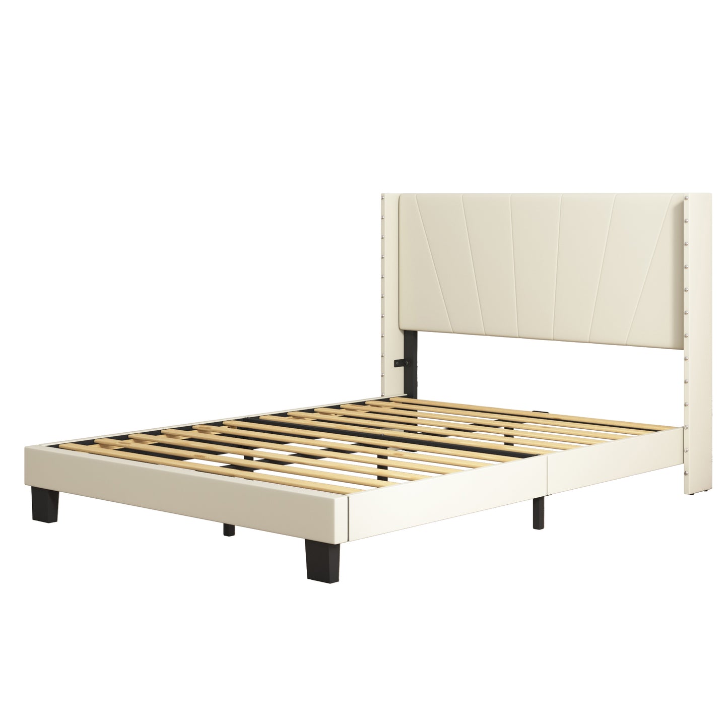 SYNGAR Beige Fabric Upholstered Platform Bed Frame Full Size with Elegant Headboard, Wood Frame Bedroom Furniture with Strong Slat Support, No Box Spring Needed, Noise Free, Easy Assembly