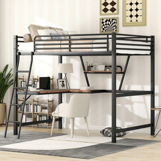 Full Loft Bed with Desk for Kids Teens Adult, Metal Bunk Bed with Storage Shelf/Stair/Guardrails, Kids Loft Bed for Bedroom, Black