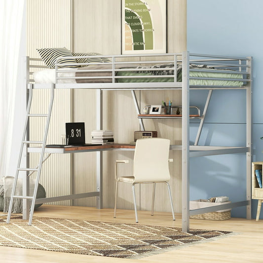 Full Loft Bed with Desk for Kids Teens Adult, Metal Bunk Bed with Storage Shelf/Stair/Guardrails, Kids Loft Bed for Bedroom