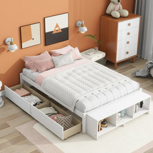 Full Size Bed Frame with Storage Cubes Footboard, Pine Wood Platform Bed Frame Full Size with 2 Storage Drawers on Casters for Kids Teens Bedroom, 15" Under Bed Storage, No Box Spring Needed, White