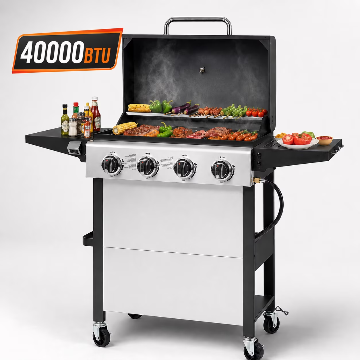 Syngar 40,000 BTU Propane Gas Grill with Side Burner, 4-Burner Outdoor BBQ Grill with 287 sq.in. Main Cooking Area, Stainless Steel Construction, Side Shelf & Lockable Casters