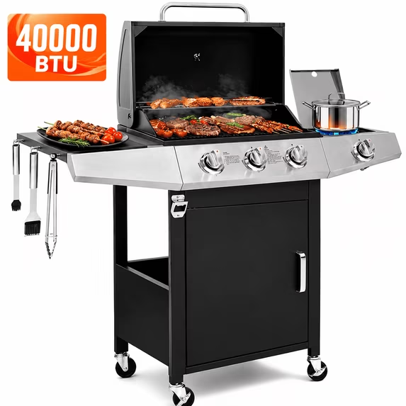 Syngar 3-Burner Propane Gas Grill with Side Burner, 40,000 BTU Outdoor BBQ Grill with 338 Sq. In. Cooking Area, Thermometer & 4 Casters, Black