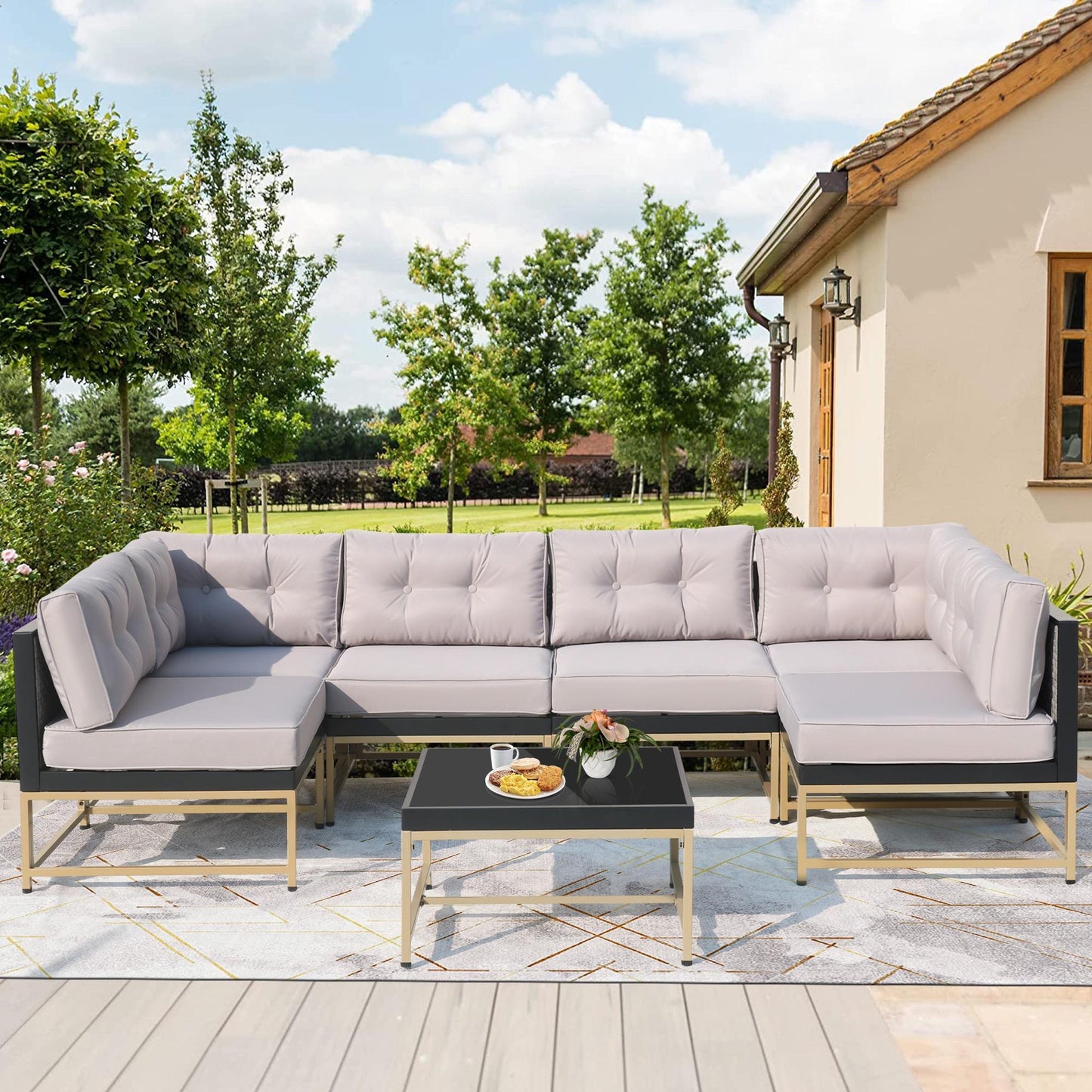 7 Piece Metal Patio Furniture Set, Outdoor Seating Chat Set with Brown Cushions, Sectional Conversation Set with Corner Sofas, Armless Sofas and Coffee Table, for Yard, Poolside, Deck, Garden