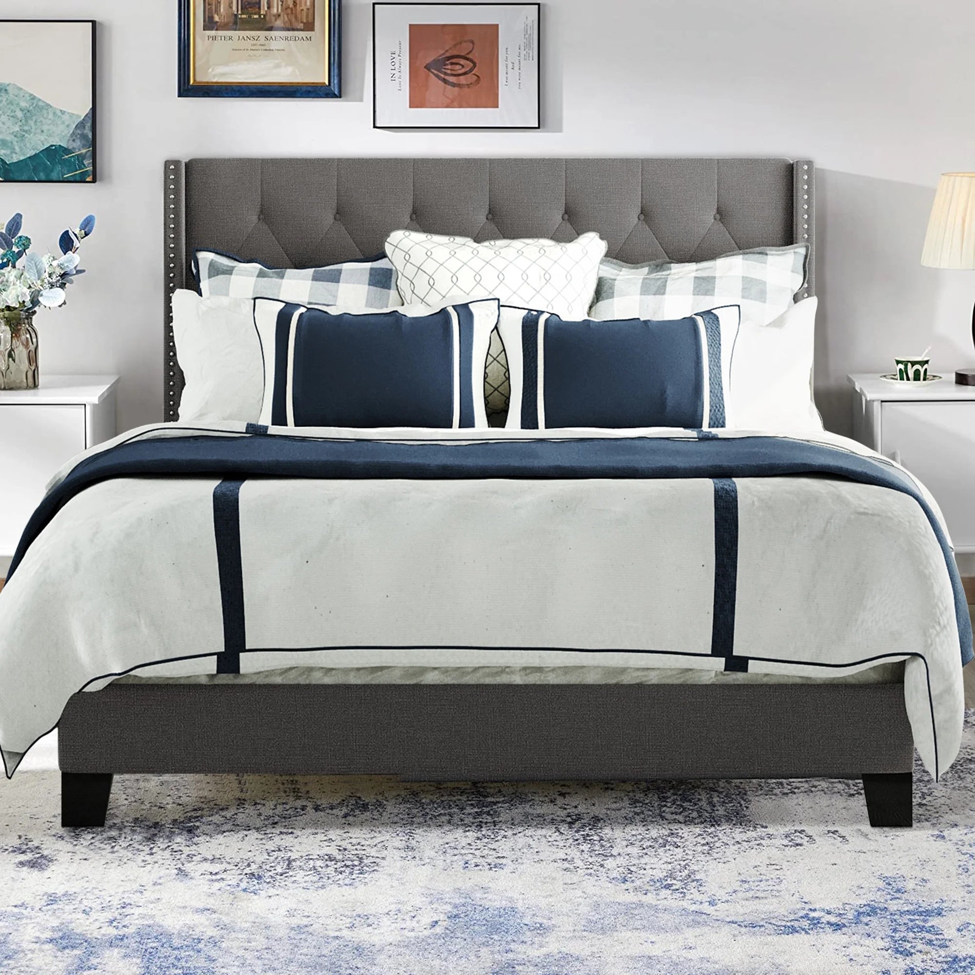thumbnail image 2 of Queen Size Upholstered Bed Frame With Linen Headboard - Platform Bed With Solid Wood Legs, No Box Spring Needed 2 of 14