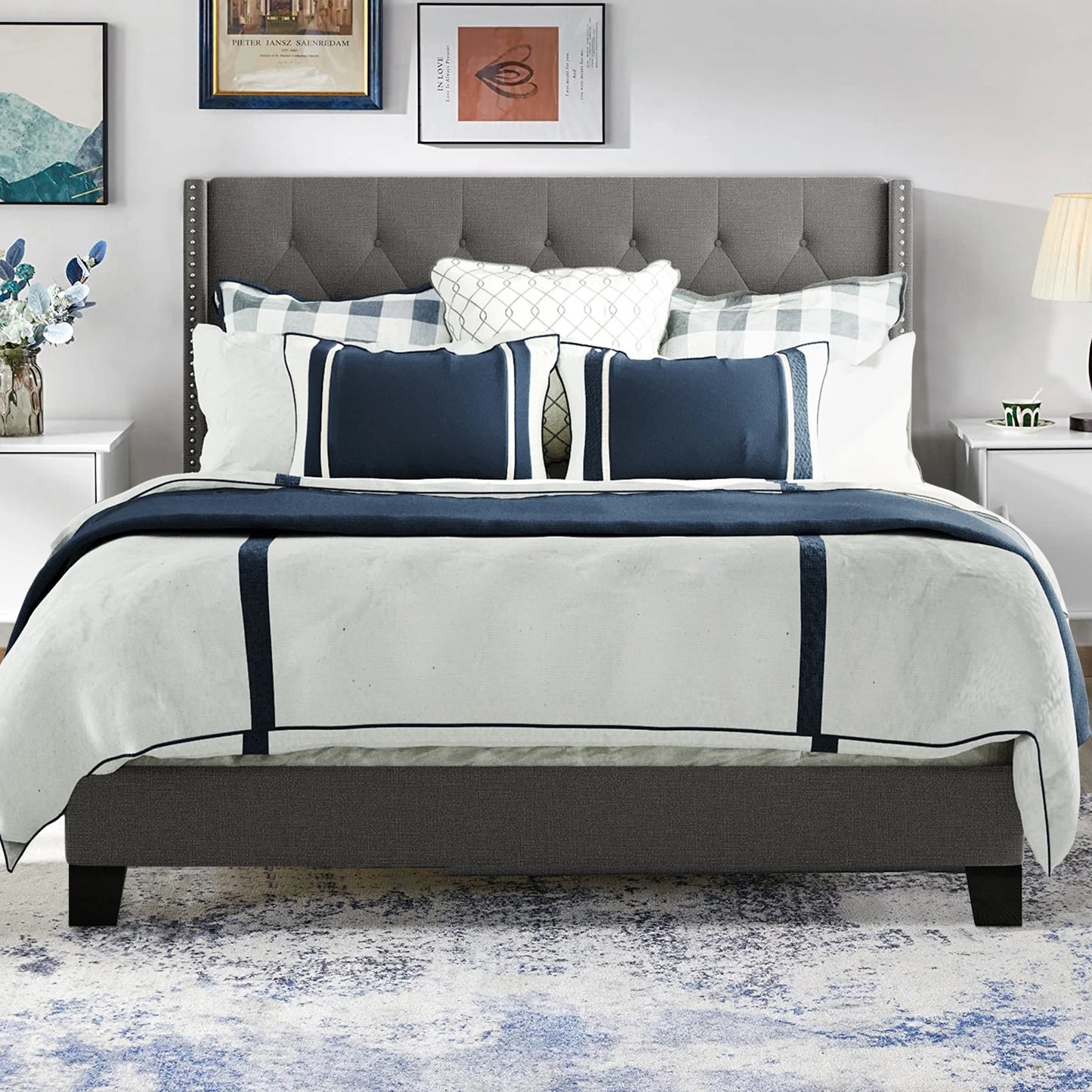 Gray Queen Size Bed Frame, Upholstered Bed Frame Queen, Linen Fabric Platform Bed Frame with Button Tufted Headboard, 500LBS Load Capcity