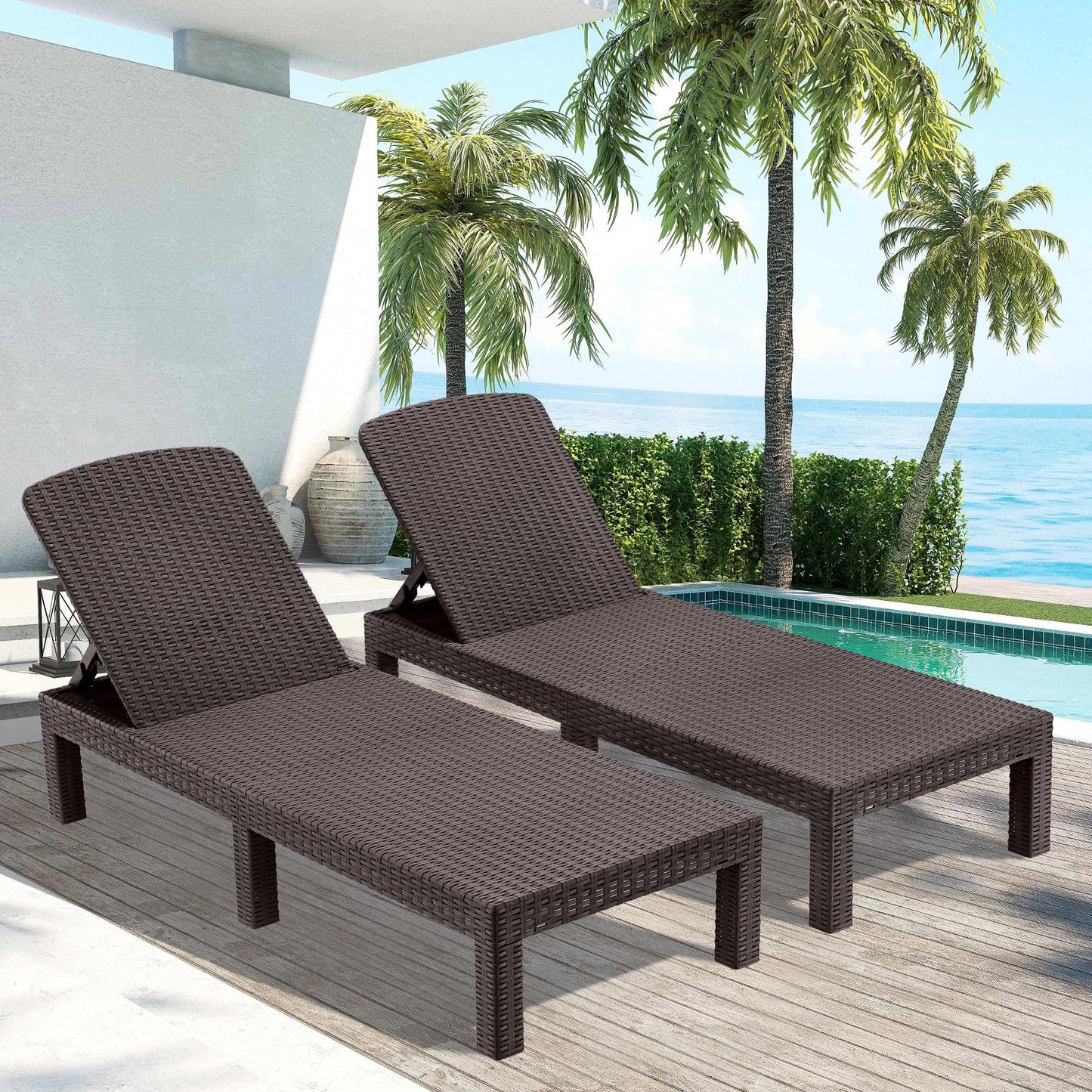 Syngar Chaise Lounge Set of 2, Patio Reclining Lounge Chairs with Adjustable Backrest, Outdoor All-Weather PP Resin Sun Loungers for Backyard, Poolside, Porch, Garden, Gray