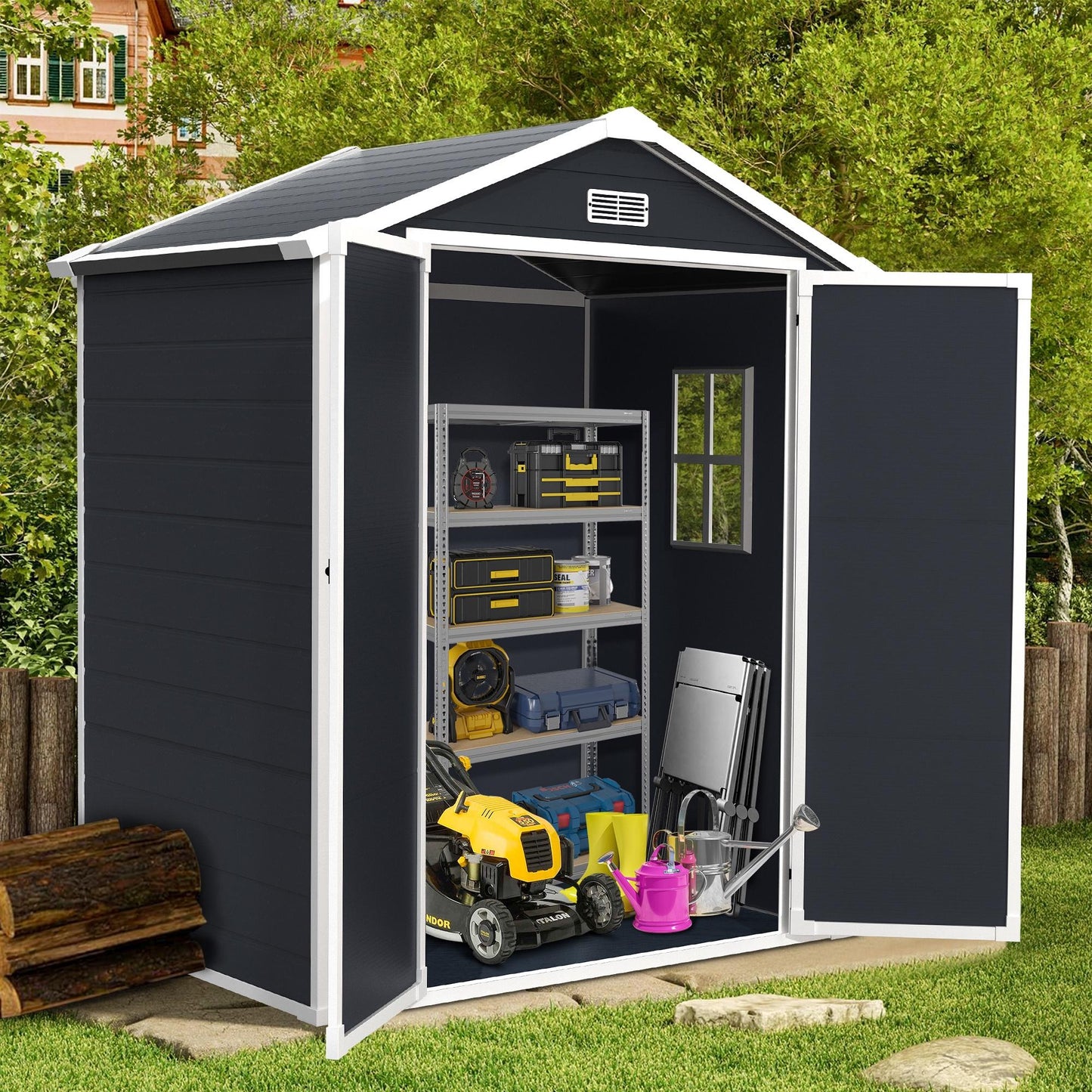 Syngar 6ft x 4ft Outdoor Plastic Storage Shed, All-Weather Tool Shed with Reinforced Floor, Pitched Roof and Double Lockable Doors, Large Garden Shed for Bikes, Lawnmowers, Trash Cans, Grey & White