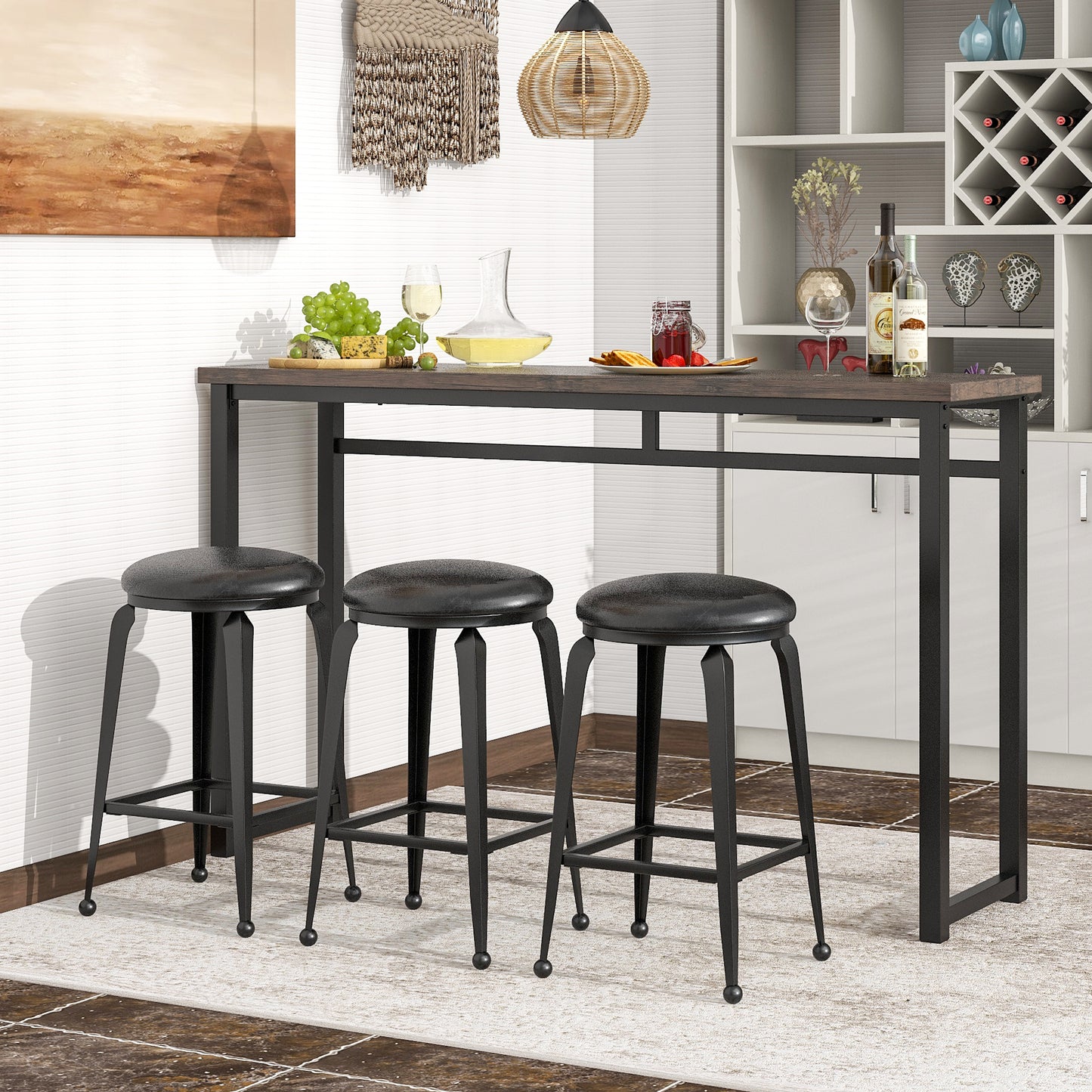 Counter Height Bar Table Set, Modern 4 Pieces Dining Table Set, Long Pub Table and 3 Stools, 3-Person Dining Table and Stools Set, Kitchen Side Table Set for Breakfast, White, Y002