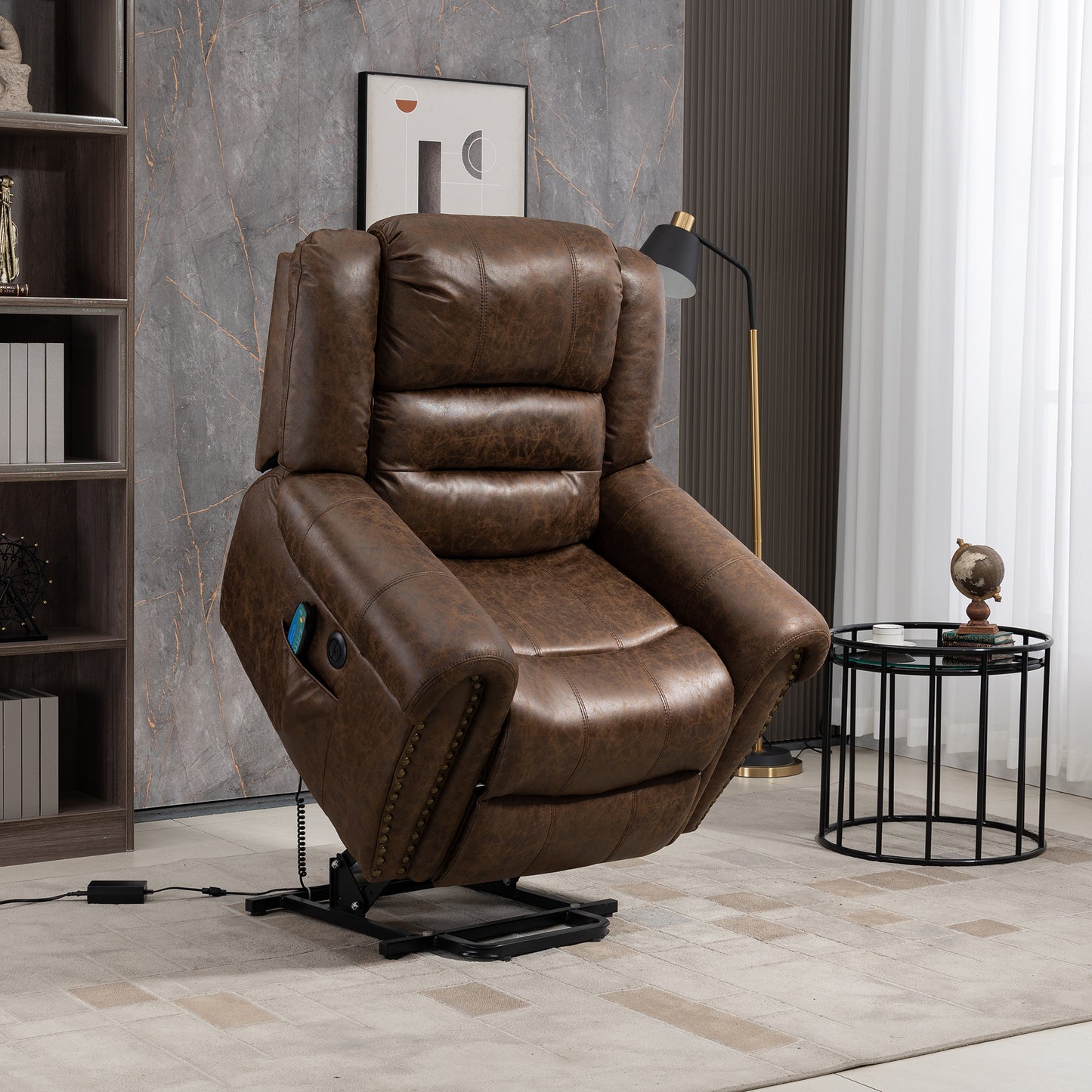 Power Lift Recliner Chair with Heat Therapy and Massage Function, Electric Lift Chair Recliner Fabric Single Sofa, Heavy Duty Living Room Furniture Home Theater Seating, 2 Large Side Pockets, Brown