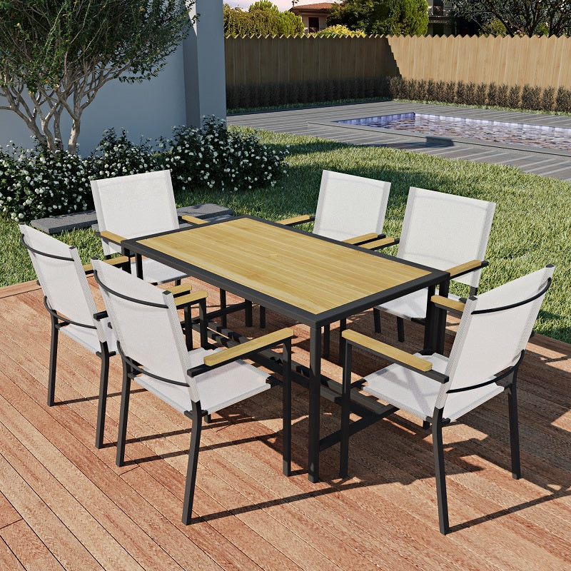 SYNGAR 7 Piece Outdoor Dining Set, All Weather PE Wicker Dining Table Set, Patio Rattan Furniture Set with Rectangular Acacia Wood Table and 6 Cushioned Chairs, for Backyard, Poolside, Balcony, D7335