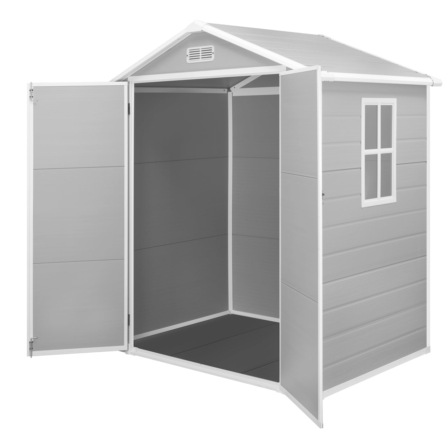 Syngar 6ft x 4ft Outdoor Plastic Storage Shed, All-Weather Tool Shed with Reinforced Floor, Pitched Roof and Double Lockable Doors, Large Garden Shed for Bikes, Lawnmowers, Trash Cans, Grey & White