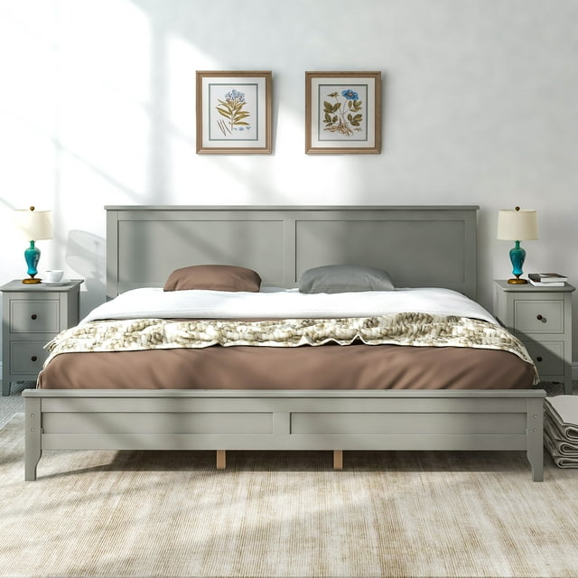 Full Bed Frames with Headboard, Solid Wood Full Platform Bed, No Box Spring Needed, White, LJ2079