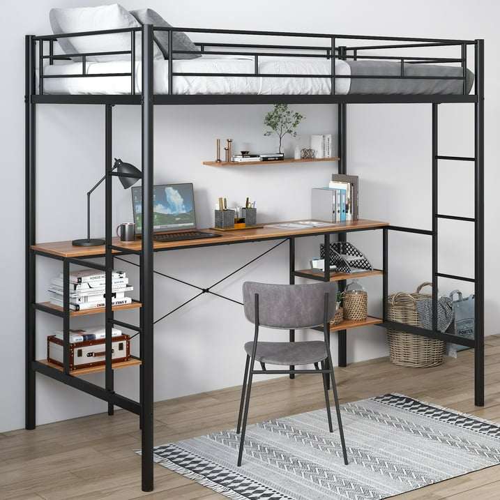 Loft Beds with Desk Twin Size, 2 Slides, Stairs, Full-Length Guardrail, 4 Storage Shelves, Bunk Beds with Desk for Kids/Teens Bedroom, Heavy Duty Metal, 21 Slats Support, Twin, Black