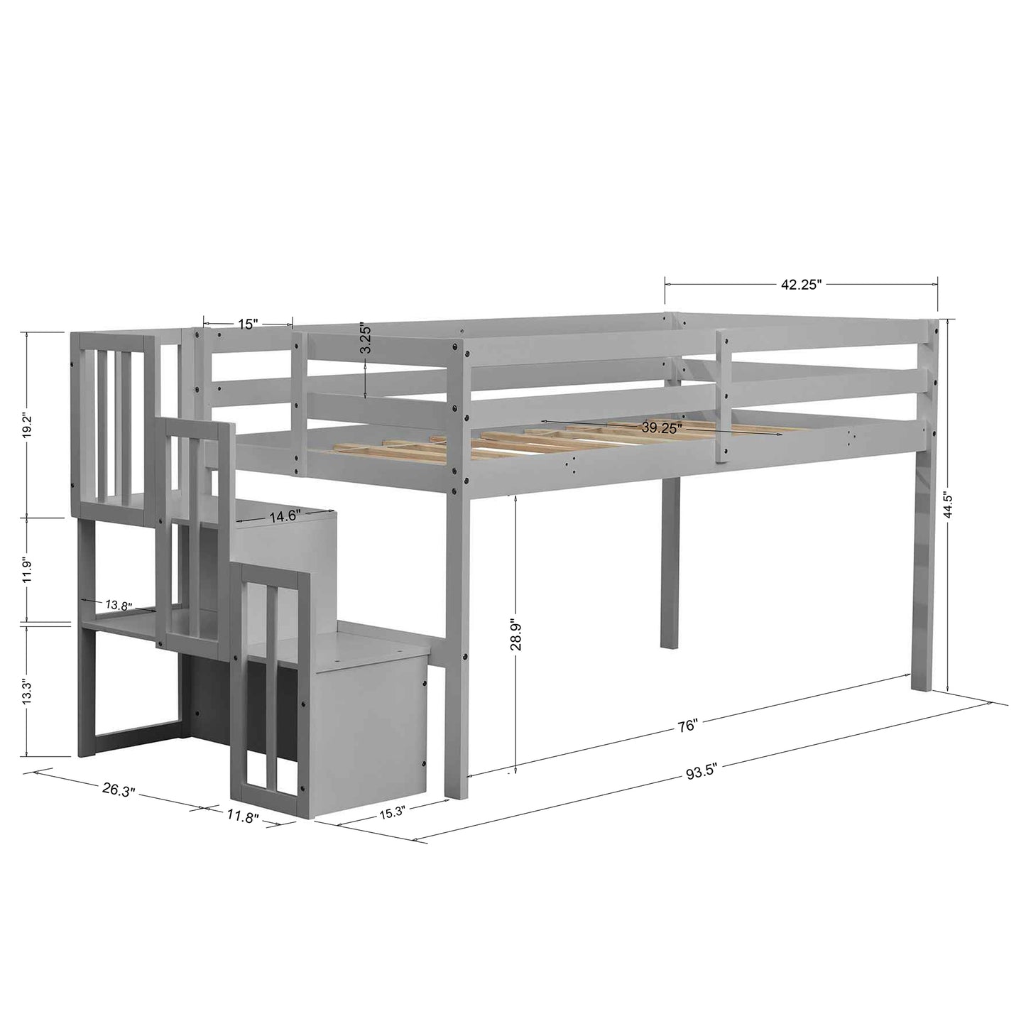 SYNGAR Twin Size Kids Loft Bed with Stairs, Wood Toddler Bunk Bed for Boys Girls Teens Adults, Twin Bed Frame with Storage, Low Profile Loft Bed for Kids Bedroom, Gray