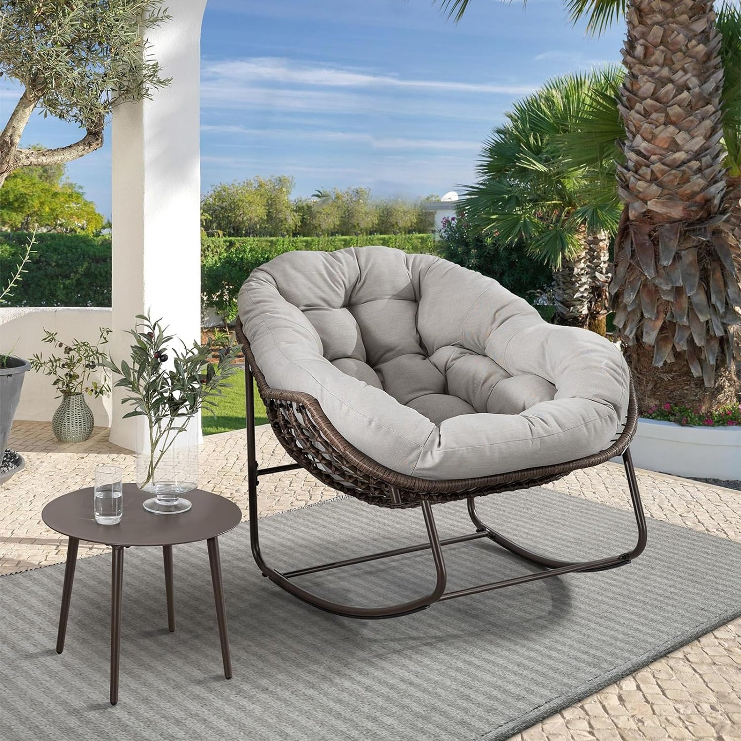 Syngar Outdoor Rocking Chair, Patio Oversized Wicker Egg-Shaped Rocker Chair with Gray Padded Cushion, Indoor & Outdoor Comfy Lounge Recliner Chair for Balcony, Poolside, Garden, Backyard, Deck