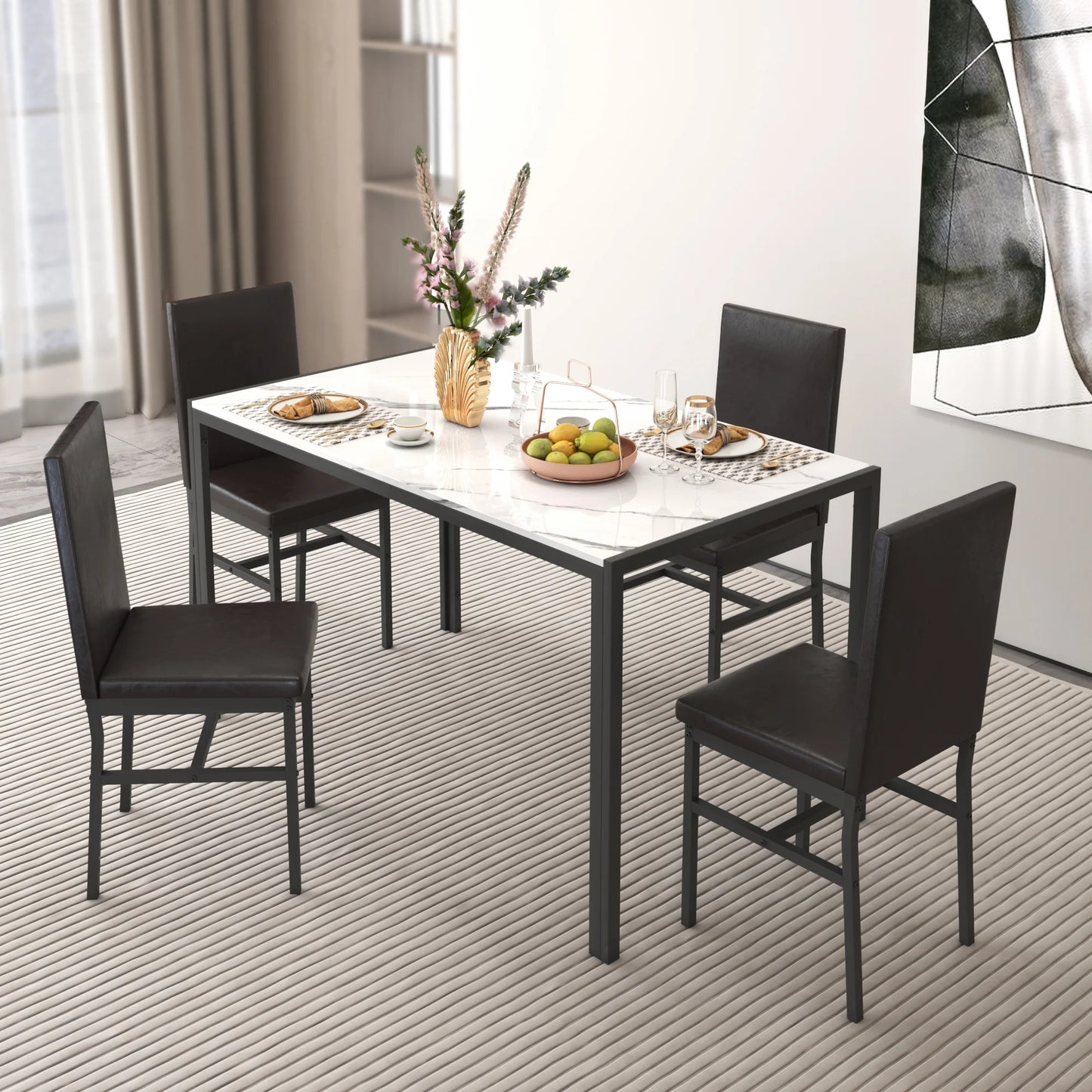Modern Dining Table Set for 4, Faux Marble Table and Velvet Fabric Upholstered Chairs Set, 5 Piece Kitchen Dining Set, Dining Table and Chairs Set for Small Space, Breakfast Nook, D9293