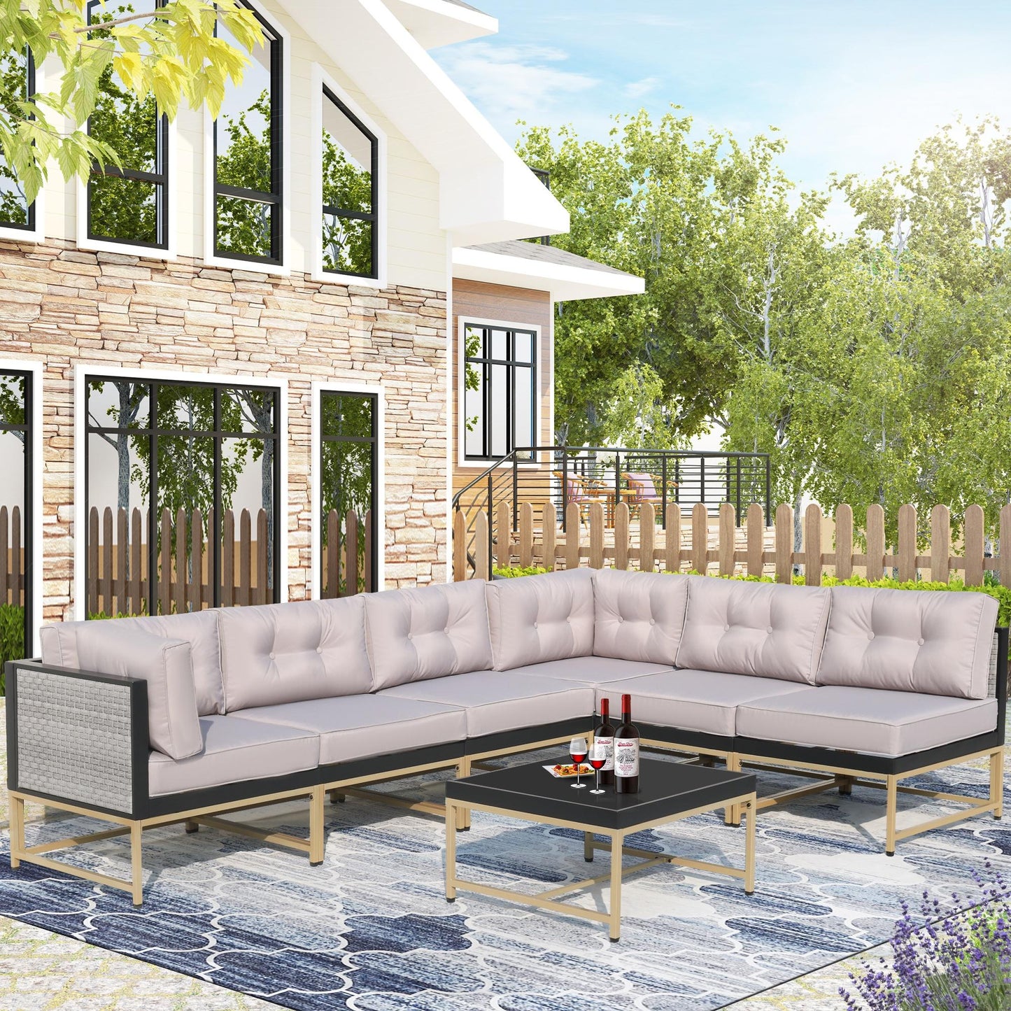 Syngar Outdoor Sofa Chairs Set, Patio Metal Furniture Set with Brown Cushions, 7 Piece Conversation Sofas with Corner Sofas, Armless Sofa and Coffee Table, for Backyard, Poolside, Deck, Balcony