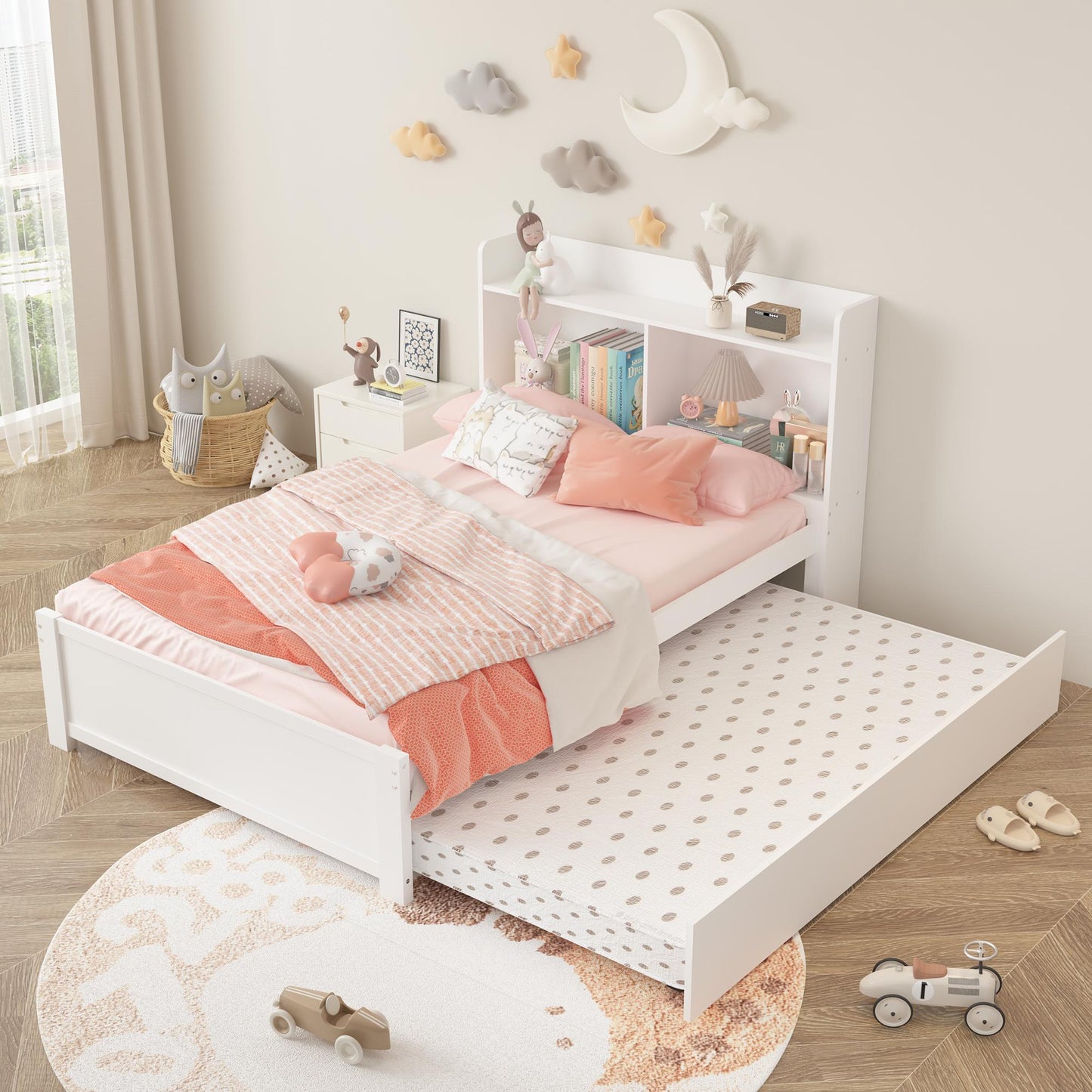 SYNGAR Twin Bed Frame with Trundle and Storage Bookcase, Modern Kids Platform Bed Frame with Pull Out Trundle, Solid Wood Trundle Bed with Headboard and Footboard, No Box Spring Needed, White