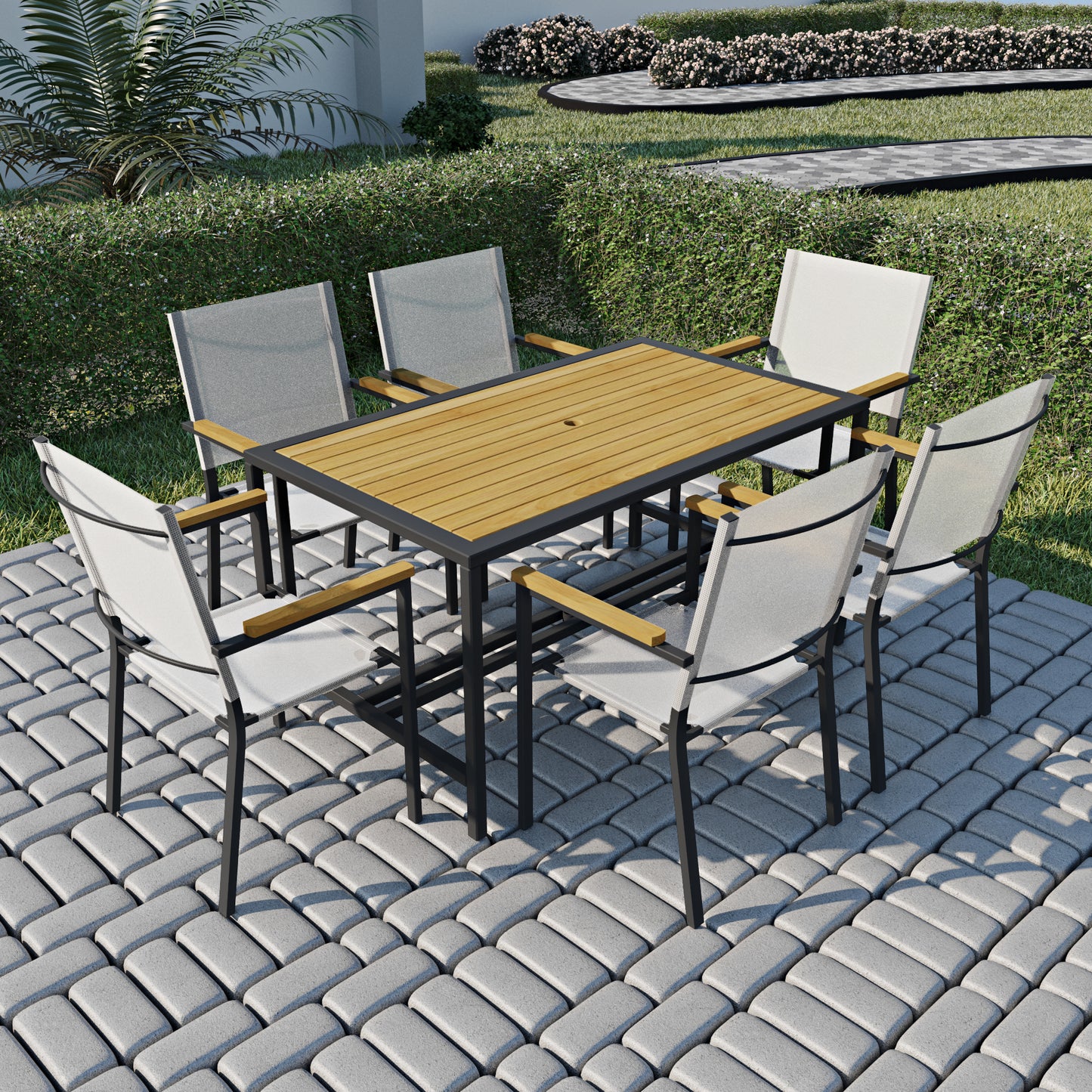 SYNGAR 7 Piece Outdoor Dining Set, All Weather PE Wicker Dining Table Set, Patio Rattan Furniture Set with Rectangular Acacia Wood Table and 6 Cushioned Chairs, for Backyard, Poolside, Balcony, D7335