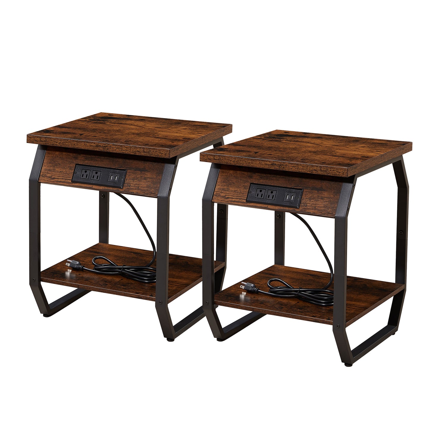 SYNGAR Side Table for Living Room, Nightstand Set of 2, Modern Side Cabinet W/ 2 Drawers, Open Shelf, Power Outlets & USB Ports, Wood End Table with Storage, Bedside Table for Bedroom, Espresso, D4684
