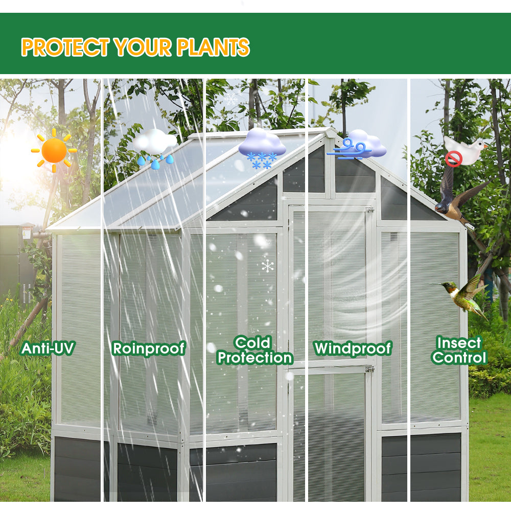 Syngar 6' x 4' Walk-in Greenhouse for Outdoor, Garden Polycarbonate Greenhouse with Sturdy Cold Wooden Frame, Drain Hole and Front Entry Doors, Backyard Greenhouse for Plants in Winter, D6343