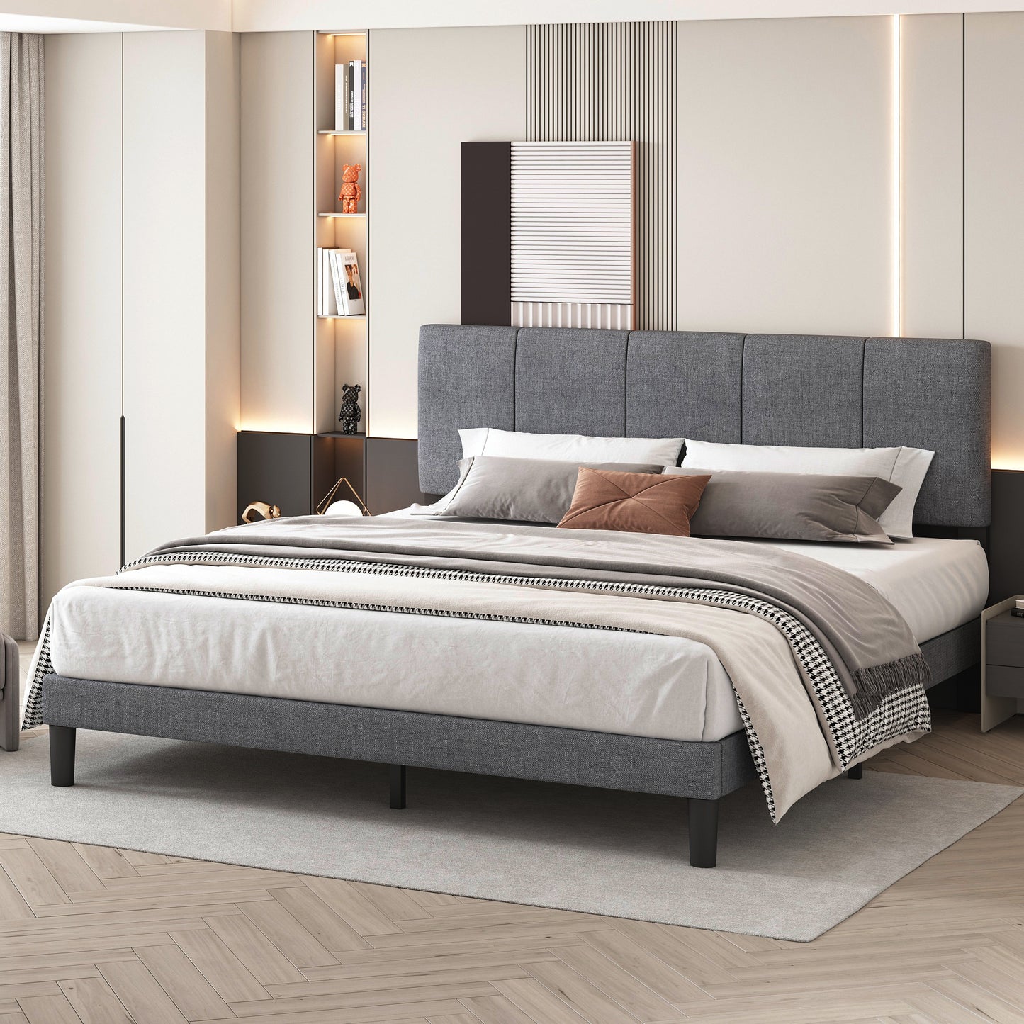 SYNGAR Queen Size Fabric Upholstered Platform Bed Frame with Elegant Headboard for Bedroom, No Box Spring Needed, Easy Assembly, Gray
